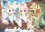  animal_ears balcony blonde_hair bloomers blue_eyes blue_sky bow bowtie brown_hair cloud commentary_request door dress fox_ears fox_tail frilled_dress frilled_skirt frills gradient_hair hair_ornament holding_hands house ivy kushida_you lamppost long_hair long_sleeves multicolored_hair multiple_girls original plant shirt siblings skirt sky smile tail twins two-tone_hair underwear vest wide_sleeves window 