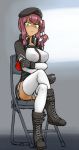  belt_boots beret boots breasts chair commentary cross-laced_footwear crossed_arms crossed_legs dark_skin dutchko frown girls_frontline glaring gloves hat jacket lace-up_boots large_breasts legs long_hair looking_at_viewer panties pantyshot pantyshot_(sitting) saiga-12_(girls_frontline) scowl shaded_face side_ponytail sitting solo thighhighs thighhighs_under_boots underwear white_panties yellow_eyes 