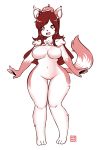  anthro big_breasts breasts brown_hair canine dog featureless_breasts featureless_crotch female gloves_(marking) hair hat hi_res kenron_toqueen mammal markings nude open_mouth shoulder_tuft simple_background smile solo stamp_signature thick_thighs thigh_gap white_background wide_hips 