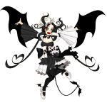  ankle_wings black_bow black_eyes black_gloves black_hair black_legwear black_neckwear black_wings bow bowtie breasts cleavage commentary_request demon_girl demon_horns demon_wings dress frilled_sleeves frills full_body gloves half_gloves headdress heart highres horns kafuka_(gunzinkafuka) long_hair mary_janes medium_breasts mismatched_gloves open_mouth original pantyhose shoes simple_background skull_and_crossbones smile solo symbol-shaped_pupils white_background white_footwear white_gloves wide_sleeves wings 