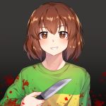  androgynous blood bloody_clothes brown_eyes brown_hair caramell0501 chara_(undertale) grin knife short_hair smile solo undertale 
