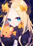  abigail_williams_(fate/grand_order) aya_(aya_op10s) bangs black_bow black_dress black_hat blonde_hair blue_eyes blush bow closed_mouth commentary_request dress eyebrows_visible_through_hair fate/grand_order fate_(series) forehead hair_bow hat long_hair long_sleeves looking_at_viewer object_hug orange_bow parted_bangs polka_dot polka_dot_bow sleeves_past_fingers sleeves_past_wrists smile solo stuffed_animal stuffed_toy teddy_bear upper_body very_long_hair 