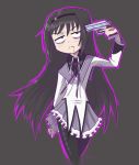  1girl akemi_homura arm_up bangs black_background black_hair black_hairband black_legwear blood blood_in_mouth blush cropped_legs eyebrows_visible_through_hair female frilled_skirt frills gun gun_to_head hairband half-closed_eyes handgun highres holding holding_gun holding_weapon jobbythehong long_hair long_sleeves mahou_shoujo_madoka_magica outline pantyhose purple_eyes purple_ribbon purple_skirt ribbon shirt simple_background skirt solo standing weapon white_shirt 