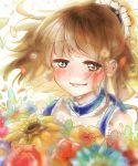  arle_nadja blue_dress blue_headband blush brown_hair commentary_request crying crying_with_eyes_open dress eyebrows_visible_through_hair flower frilled_straps half_updo highres looking_at_viewer nose_blush puyopuyo rain_(leying2626) short_hair sketch_eyebrows solo sunflower tears upper_body yellow_flower 
