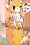 aggressive_retsuko anthro big_butt blush bottomless breasts butt clothed clothing dialogue female fur hi_res inside looking_back mammal one_eye_closed orange_fur pussy raised_tail rear_view red_panda retsuko shirt solo speech_bubble tanuk_kun text 