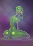  2018 big_butt biped breasts butt derek_hetrick digital_drawing_(artwork) digital_media_(artwork) eyelashes eyeshadow female goo_creature goo_hair green_body green_hair green_pussy hair hanging_breasts humanoid kneeling looking_at_viewer looking_back makeup not_furry nude purple_background pussy rear_view red_eyes short_hair simple_background slim slime small_waist smile solo textured_background toony translucent_body 