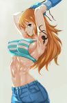  abs arm_tattoo armpits arms_up bikini bikini_top boxing_gloves breasts covered_nipples denim grey_background grey_eyes hair_between_eyes highres large_breasts long_hair looking_at_viewer muscle muscular_female nami_(one_piece) navel nonoririn one_piece orange_hair profile sideboob simple_background smile solo steaming_body striped striped_bikini sweat swimsuit tattoo toned upper_body 