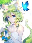  :o ahoge animal animal_ears artist_name aya_(aya_op10s) bangs bare_arms bare_shoulders blue_bow blue_eyes blue_flower blue_rose bow bug butterfly cat_ears cat_tail collarbone commentary_request dress eyebrows_visible_through_hair flower flower_wreath green_hair hair_between_eyes head_tilt head_wreath holding insect long_hair looking_at_viewer original parted_lips petals pink_flower pink_rose rose signature sleeveless sleeveless_dress solo sparkle tail white_dress white_flower yellow_flower 