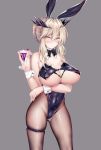  animal_ears artoria_pendragon_(all) artoria_pendragon_(lancer_alter) black_leotard blonde_hair braid breasts bunny_ears bunny_girl bunnysuit cocktail_glass covered_navel cup detached_collar drinking_glass fake_animal_ears fate/grand_order fate_(series) fishnet_pantyhose fishnets french_braid highres large_breasts leotard obiwan pantyhose sidelocks solo strapless strapless_leotard thigh_strap underboob wrist_cuffs yellow_eyes 