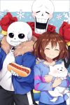  2boys :d ^_^ annoying_dog blush brown_hair caramell0501 closed_eyes coat facing_viewer frisk_(undertale) gloves highres hot_dog looking_at_viewer multiple_boys open_mouth pants papyrus_(undertale) sans scarf shirt skeleton smile teeth track_pants undertale 