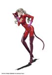  ;) absurdres blue_eyes bodysuit boots breasts brown_footwear cat_mask cat_tail cleavage cleavage_cutout fake_tail full_body gloves hand_on_hip high_heel_boots high_heels highres holding holding_mask leaning_forward long_hair mask medium_breasts official_art one_eye_closed persona persona_5 pink_gloves red_bodysuit silver_hair simple_background smile solo standing tail takamaki_anne thigh_boots thighhighs twintails white_background 