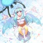  blue_hair bouquet bridal_veil bride dress fire_emblem fire_emblem:_rekka_no_ken fire_emblem_heroes flower green_ribbon hair_ornament highres lazulia long_hair mamkute ninian open_mouth outstretched_arms petals red_eyes ribbon solo strapless strapless_dress veil wedding_dress white_dress 