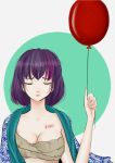  1girl blood bnnyhood breasts cleavage closed_mouth commentary eyes_closed highres holding_balloon large_breasts original purple_hair red_balloon sarashi short_hair solo upper_body 