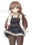  arashio_(kantai_collection) black_legwear breasts brown_eyes brown_hair cleavage collarbone cowboy_shot dated dress eyebrows_visible_through_hair frilled_dress frills kantai_collection light_blush long_hair long_sleeves looking_at_viewer masara_(masalucky2010) pantyhose pinafore_dress remodel_(kantai_collection) school_uniform simple_background solo standing twitter_username white_background 