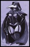  breasts cloak clothed clothing darkest_dungeon female gloves grey_skin hi_res hood human humanoid legwear mammal nipples not_furry plague_doctor plague_doctor_(dd) raenyras simple_background skimpy solo underwear 