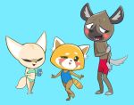  1boy 2girls aggressive_retsuko animal_ears aqua_bikini bare_shoulders barefoot bikini black_eyes black_sclera blue_background blue_swimsuit blush cellphone fenneko fox_ears fox_tail full_body furry haida hand_up hands_up highres holding holding_arm jobbythehong leg_up looking_away looking_to_the_side multiple_girls navel no_humans one-piece_swimsuit one_eye_closed open_mouth outstretched_arms panda_ears paws red_shorts retsuko sharp_teeth shorts shy simple_background smile standing standing_on_one_leg sweat tail teeth tongue tongue_out white_eyes 