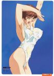  90s armpits arms_up breasts brown_hair character_name closed_eyes cowboy_shot highleg highleg_swimsuit large_breasts official_art one-piece_swimsuit open_mouth short_hair solo super_real_mahjong swimsuit tanaka_ryou taut_clothes taut_swimsuit toyohara_etsuko white_swimsuit 