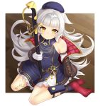  azur_lane bangs bare_shoulders beret blunt_bangs commentary_request deku_suke floor from_above gloves grey_hair hat highres iron_cross long_hair looking_at_viewer mole mole_under_eye parted_lips platform_footwear sheath sheathed sitting solo sword wariza weapon white_gloves yellow_eyes z46_(azur_lane) 