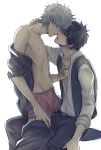  2boys black_hair duo gintama hijikata_toushirou holding_close incipient_kiss male multiple_boys on_top sakata_gintoki short_hair sitting sitting_on_person teacher tiga2simple_background underwear undressing white_background white_hair yaoi 