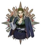  batman_(series) belt black_gloves breasts brown_eyes cleavage dc_comics genderswap genderswap_(mtf) glasgow_smile gloves green_hair highres jacket_on_shoulders large_breasts okada_(hoooojicha) sidelocks signature smile solo the_joker wavy_hair 