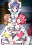  3girls aqua_eyes arms_up bangs bdsm bondage bound brown_hair buruma commentary_request crying gym_shirt gym_storeroom hand_holding jump_rope kneehighs kneeling kunikida_hanamaru kurosawa_ruby long_hair looking_at_viewer love_live! love_live!_sunshine!! matsuura_kanan multiple_girls name_tag nipples ponytail red_buruma red_hair see-through shirt shoes short_sleeves traffic_cone two_side_up uwabaki v-shaped_eyebrows vaulting_horse wet wet_clothes wet_shirt white_legwear yellow_buruma yellow_eyes yopparai_oni 