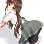  all_fours arashio_(kantai_collection) arm_warmers bike_shorts breasts brown_eyes brown_hair commentary_request cowboy_shot dated eyebrows_visible_through_hair grey_skirt highres kantai_collection light_blush long_hair looking_at_viewer minase_(takaoka_nanase) pleated_skirt school_uniform shirt short_sleeves simple_background skirt small_breasts smile solo suspenders twitter_username white_background white_shirt 