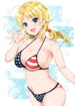  :d absurdres ahoge american_flag_bikini bangs bikini blonde_hair blue_eyes blush breasts cleavage collarbone eyebrows_visible_through_hair flag_print hachimiya_meguru hair_ornament halter_top halterneck highres idolmaster idolmaster_shiny_colors large_breasts long_hair looking_at_viewer low_twintails navel open_mouth print_bikini smile solo star star_hair_ornament swimsuit twintails yue_(show-ei) 