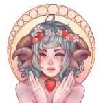  ahoge androgynous animal_ears blue_hair blush commentary flower freckles hair_flower hair_ornament hands_up head_wreath horns lips looking_at_viewer nude original parted_lips shari_cote sheep_ears sheep_girl sheep_horns short_hair solo white_flower 