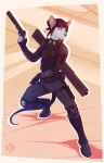  anthro boots cat clothed clothing diesel_wiesel feline female fingerless_gloves footwear fully_clothed fur gloves gun hair hair_bun handgun knee_pads knife mammal pistol ranged_weapon red_eyes red_hair rifle silencer skull skull_necklace tacticool weapon whiskers white_fur 