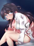  black_hair bra breasts highres kantai_collection kashiwamochi_(kashiwakashiwa) large_breasts long_hair looking_at_viewer multicolored_hair naganami_(kantai_collection) pink_hair shirt sitting smile solo underwear white_bra white_shirt 