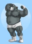  anthro belly black_nipples black_nose blue_background canine clothed clothing dog eyes_closed fingerless_gloves flexing footwear fur gloves grey_fur hound_(character) houndgrey male mammal musclegut muscular muscular_male navel nipples overweight overweight_male pecs shoes shorts simple_background solo standing topless wrestling 