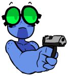  4_fingers alpha_channel amphibian blue_skin freckles frog gun half-closed holding_object holding_weapon ranged_weapon reaction_image ribrib_(spur_) serious simple_background spur transparent_background weapon 