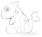  2015 ambiguous_fluids ambiguous_gender anthro blue_and_white blush doneru fish looking_back marine monochrome rear_view shark simple_background sketch solo sweat tears wet white_background 