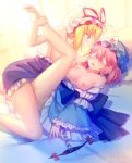  arm_garter artist_name bandages bandages_over_eyes baozishark barefoot blonde_hair blue_hat blush bow breasts chain commentary convenient_leg cuffs dated drooling feet_out_of_frame from_side gap grabbing hair_between_eyes hat hat_ribbon highres kneeling lactation large_breasts leg_up long_sleeves looking_at_another lying mob_cap multiple_girls nipples on_back open_mouth parted_lips petticoat pillow pink_hair profile red_bow red_ribbon ribbon saigyouji_yuyuko shackles short_hair signature symbol_commentary touhou triangular_headpiece tribadism white_hat wide_sleeves yakumo_yukari yuri 