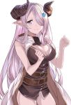  blue_eyes breasts cleavage cleavage_cutout clenched_hands closed_mouth commentary_request draph granblue_fantasy hair_ornament hair_over_one_eye highres horns lavender_hair long_hair looking_at_viewer medium_breasts narmaya_(granblue_fantasy) pointy_ears sieru simple_background sleeveless smile solo standing white_background 