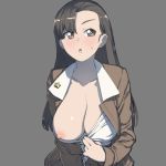  :o asymmetrical_bangs bangs black_hair blush breasts brown_eyes brown_jacket chi-hatan_military_uniform cleavage collar_tug collarbone embarrassed girls_und_panzer grey_background highres jacket large_breasts long_hair long_sleeves looking_away military military_uniform nipples nishi_kinuyo one_breast_out onsen_tamago_(hs_egg) open_clothes open_jacket oppai_challenge shiny shiny_hair shirt shirt_pull simple_background solo sweatdrop uniform upper_body white_shirt 