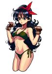  :o absurdres bikini black_hair blue_eyes breasts curly_hair dragon_ball dragon_ball_(classic) fingerless_gloves gloves green_bikini hairband highres long_hair lunch_(dragon_ball) medium_breasts navel okada_(hoooojicha) open_mouth red_hairband side-tie_bikini signature solo swimsuit 