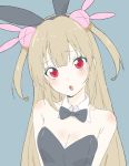  absurdres animal_ears bare_shoulders black_leotard bow bowtie bunny_ears bunny_girl bunny_hair_ornament bunnysuit detached_collar donguri_suzume hair_ornament highres leotard light_brown_hair long_hair natori_sana red_eyes sana_channel solo strapless strapless_leotard two_side_up upper_body virtual_youtuber 