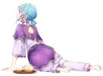  ass barefoot blue_hair commentary_request cup ensemble_stars! eyebrows_visible_through_hair feet full_body hair_ornament kinakomoti long_sleeves looking_away low_ponytail male_focus open_mouth profile purple_eyes shino_hajime short_hair short_ponytail simple_background sitting soles solo teapot tray white_background wide_sleeves yokozuwari 