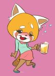  1girl aggressive_retsuko animal_ears aqua_shirt artist_name beer beer_mug black_sclera blush dated drink drinking_glass drunk female full_body furry glass half-closed_eyes hand_up highres holding jobbythehong leg_up no_humans nose_blush open_mouth panda_ears pigeon-toed pink_background pink_skirt red_footwear retsuko shirt shoes signature simple_background skirt smile solo standing standing_on_one_leg tail white_eyes 