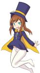 1girl a_hat_in_time blue_eyes brown_hair cape hat hat_kid long_hair tiny_(18931875) top_hat upskirt white_tights 