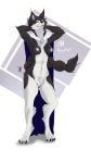  2016 anthro armello black_fur breasts canine cloak clothing digitigrade english_text female fur fuzzzytail hi_res mammal navel nipples nude pose pubes pussy river_(armello) solo text tongue tongue_out white_fur wolf yellow_eyes 