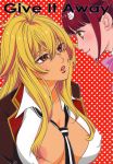  2girls blonde_hair breasts couple cover doujin_cover eye_contact looking_at_another multiple_girls pink_eyes pink_hair shikishima_mirei simple_background tanned tokonome_mamori valkyrie_drive valkyrie_drive_-mermaid- yellow_eyes yuri 