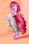  anthro anthrofied blue_eyes breasts clothed clothing curly_hair cutie_mark equine female friendship_is_magic fur hair hooves horse legwear long_hair mammal my_little_pony open_mouth pink_fur pink_hair pinkie_pie_(mlp) raised_arm shadow simple_background smile socks solo spaboofy standing striped_legwear striped_socks stripes thigh_socks tongue under_boob underwear 