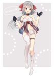  :d bangs black_gloves border bow cleavage_cutout fang full_body gloves grey_background grey_hair grey_legwear grey_shorts hair_bow half_gloves hands_up highres long_hair navel notsugi_(sasasasa_oriori) open_mouth original outside_border red_bow red_eyes short_shorts shorts single_knee_boot single_thigh_boot single_thighhigh smile solo standing standing_on_one_leg striped thigh_strap thighhighs translation_request vertical_stripes white_border 