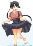  anchor_symbol barefoot black_hair commentary_request grey_eyes hair_ribbon hakama_skirt highres houshou_(kantai_collection) imagawa_akira japanese_clothes kantai_collection kimono long_hair open_mouth pleated_skirt ponytail ribbon skirt skirt_hold smile solo splashing wet 