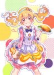  aikatsu! aikatsu!_(series) alternate_hairstyle apron blonde_hair blush broccoli brown_eyes commentary_request cowboy_shot dress english eyebrows_visible_through_hair floating_hair food food_on_face frills fuji_fujino hair_between_eyes headdress heart holding holding_spoon holding_tray hoshimiya_ichigo long_hair looking_at_viewer omurice partial_commentary smile solo spoon tomato tongue tongue_out tray twintails waitress 