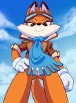  2018 anthro bottomless brown_eyes brown_fur canine clothed clothing eyewear fangs female fox fur gloves goggles half-closed_eyes lonbluewolf looking_at_viewer looking_down lucky&#039;s_sister lucky&#039;s_tale mammal orange_fur pussy scarf solo super_lucky&#039;s_tale teeth white_fur 