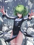  &gt;:) ahoge black_dress breasts building covered_navel cowboy_shot curly_hair debris dress green_eyes green_hair groin half-closed_eyes letdie1414 long_sleeves no_panties one-punch_man outstretched_arms patreon_username pelvic_curtain short_hair skirt sky small_breasts smile tatsumaki telekinesis wide_sleeves wind wind_lift 