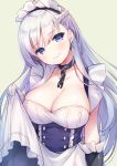  apron apron_hold azur_lane bangs belfast_(azur_lane) blue_dress blush braid breasts broken broken_chain chain cleavage closed_mouth collarbone commentary_request dress elbow_gloves eyebrows_visible_through_hair frilled_apron frills gloves green_background hair_between_eyes head_tilt highres large_breasts long_hair maid_headdress silver_hair simple_background sleeveless sleeveless_dress smile solo usashiro_mani very_long_hair white_apron white_gloves 